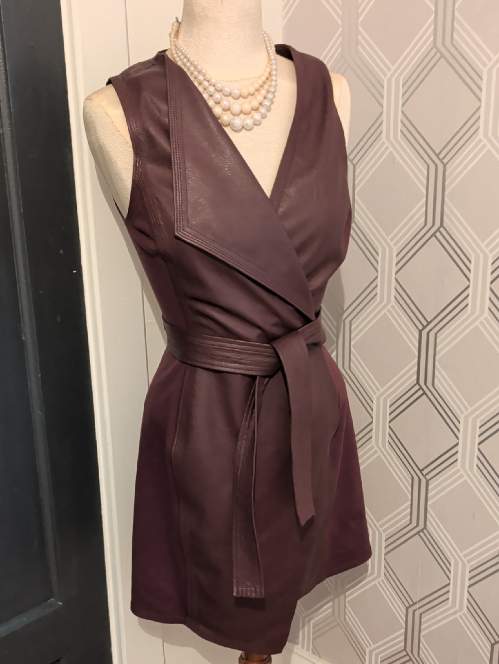 BCBGMaxAzria Plum Faux-Leather Wrap Mini Dress